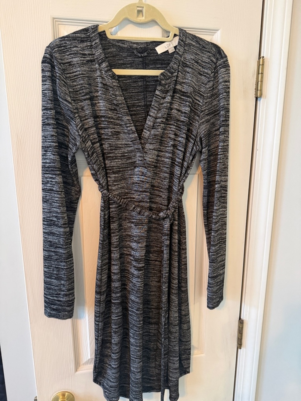 LOFT Gray & Black Heathered Long Sleeve Wrap-Style Dress
